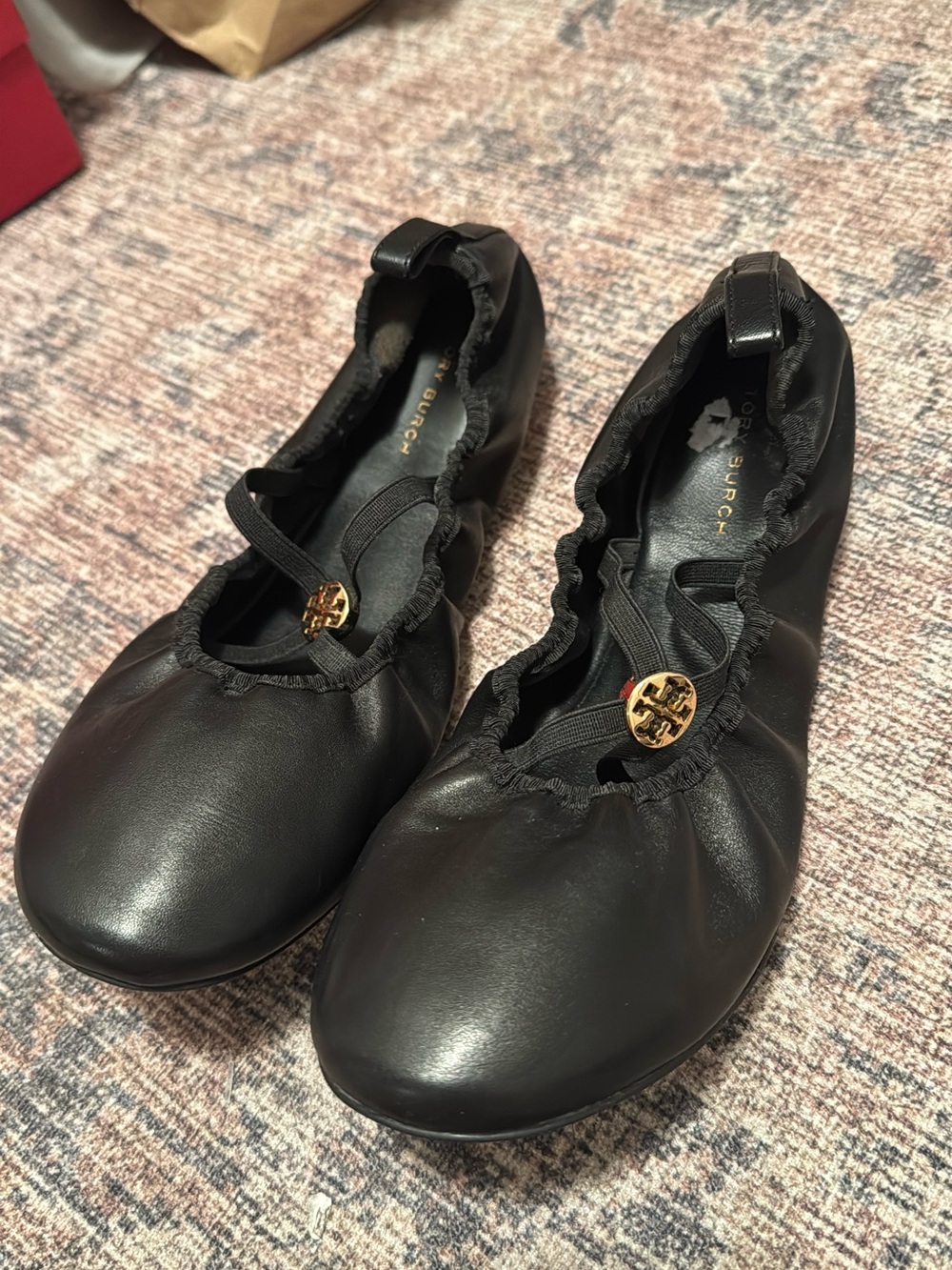 Tory Burch Black Leather Girls' Ballet Flats with Gold Logo